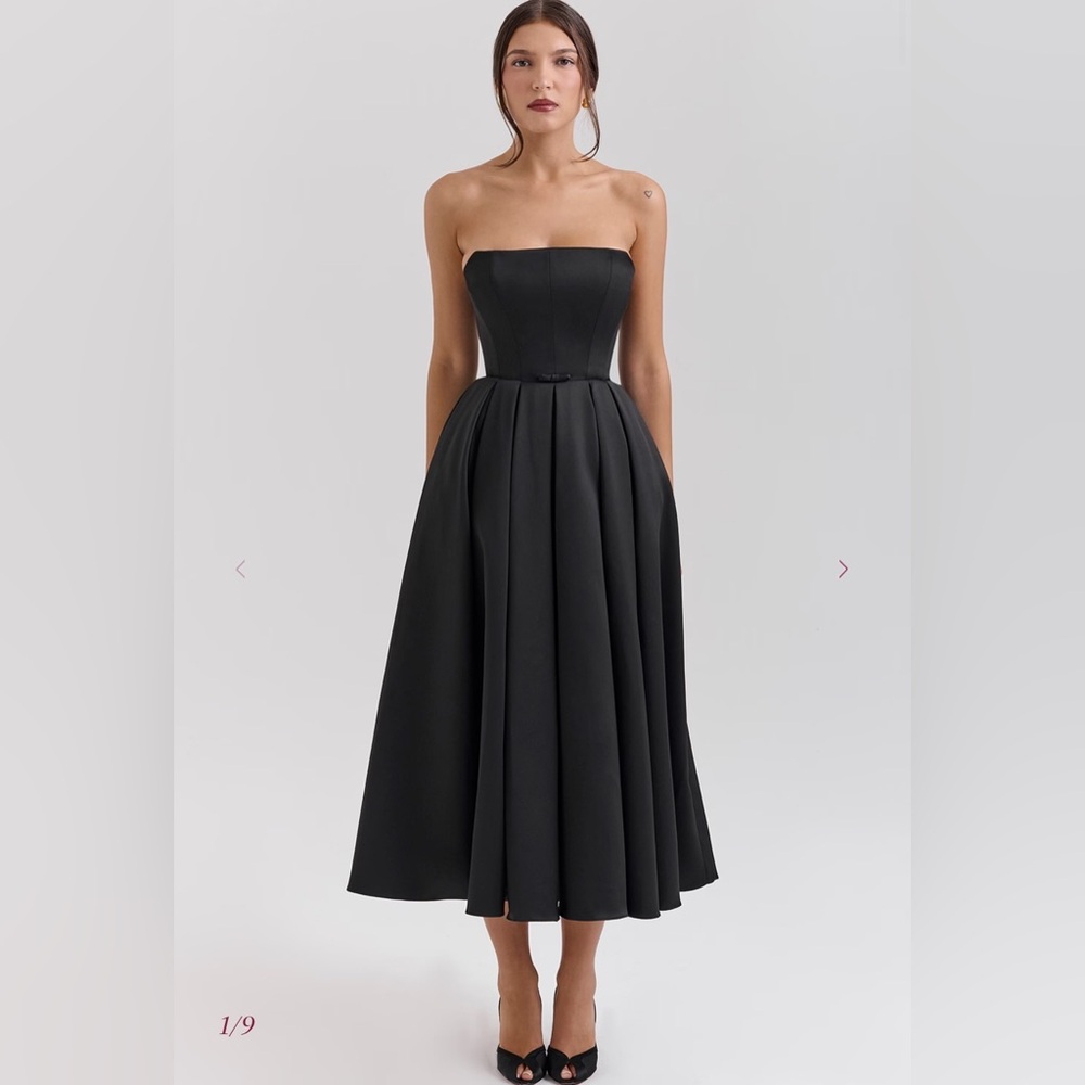 House of CB Contessa Black Strapless Satin Corset Midi Dress NWT